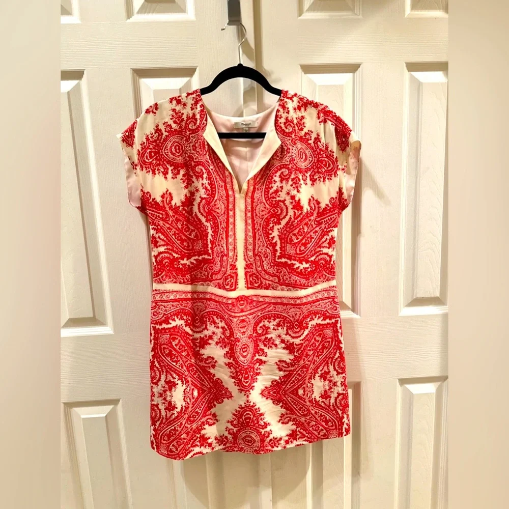 EUC *Madewell* Women's 100% Silk Tan Red Paisley Print Tunic Dress S - Picture 1 of 4